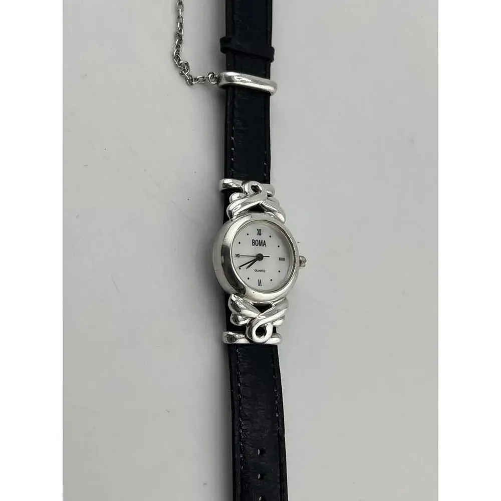 Boma Women's Leather Strap Silver Case Quartz Watch‎ Classic Elegant Timepiece